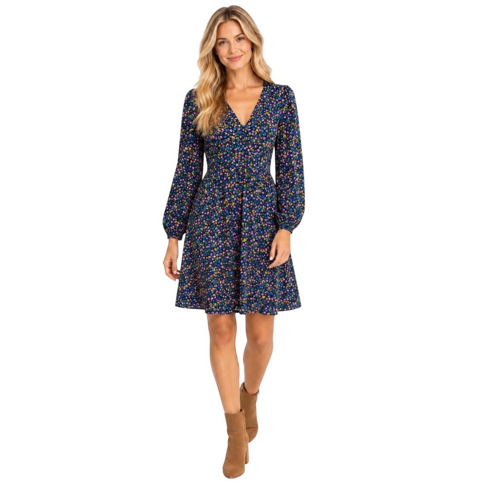 NWT Boden D0289 NAR Floral V-Neck Long Sleeve Fit & Flare Dress Navy Multi 6L
